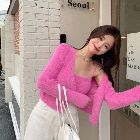 Two-Piece Camisole Knitted Vest with Long Sleeve Cropped Cardigan